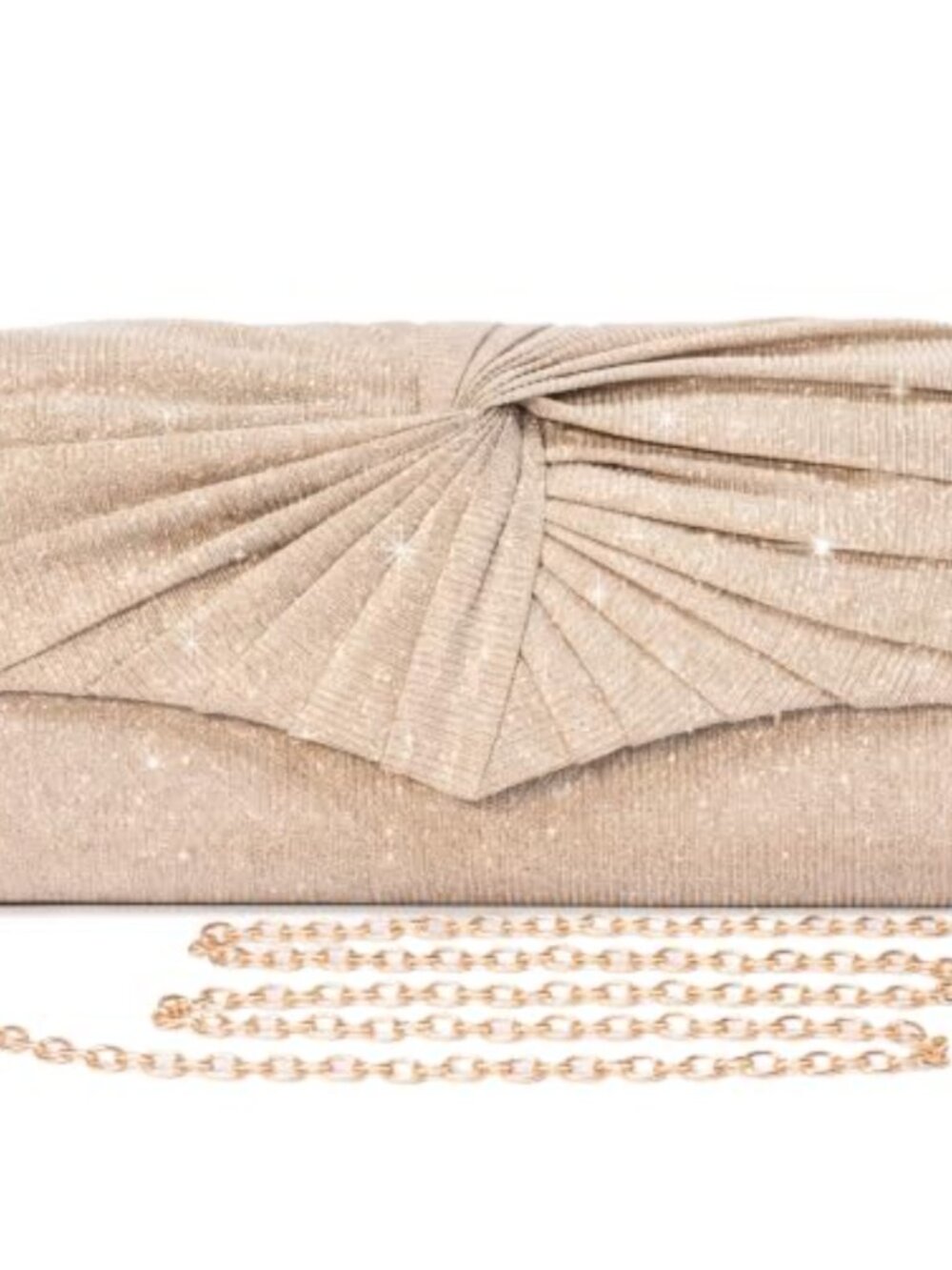 Glitter Envelope Clutch with Ruched Knot Pleated Design Detachable Chain
